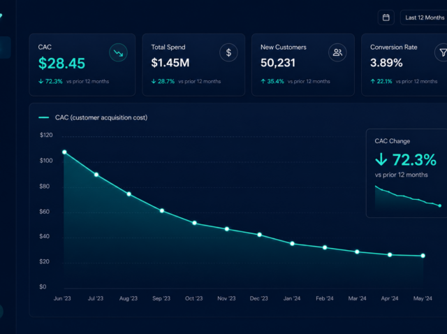 Analytics dashboard showing customer acquisition cost trending downward over 12 months