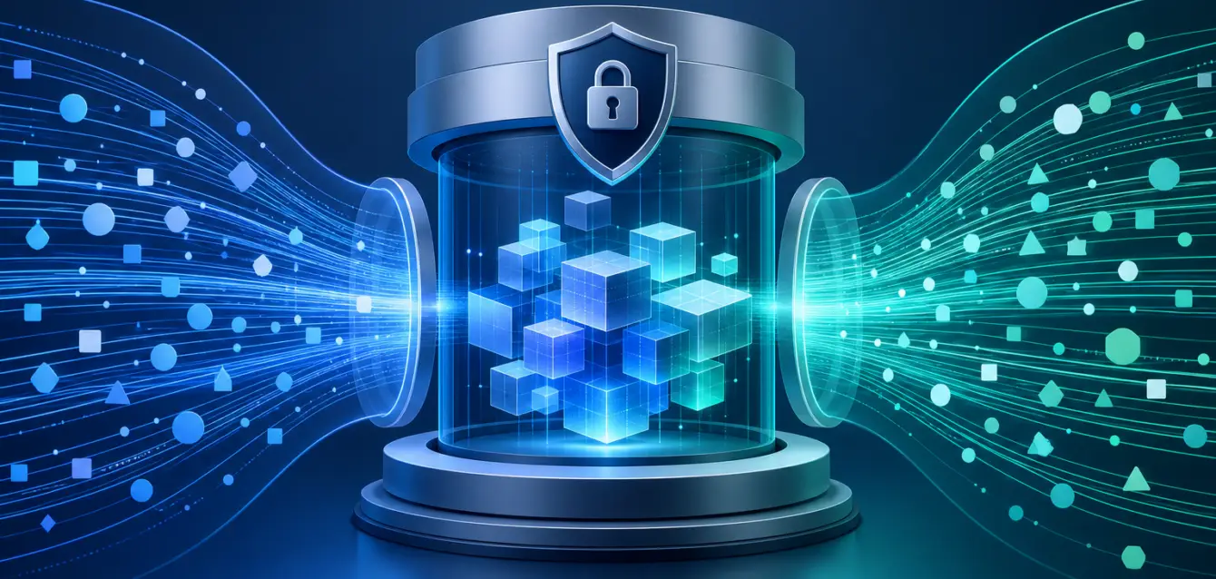 Data streams flowing into a secure clean room environment representing privacy-safe data collaboration