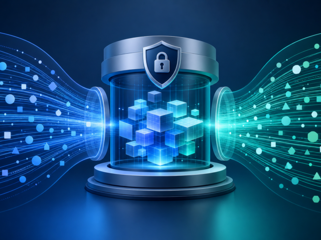 Data streams flowing into a secure clean room environment representing privacy-safe data collaboration