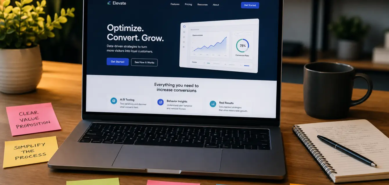 Landing page conversion optimization workspace with sticky notes showing CRO strategies
