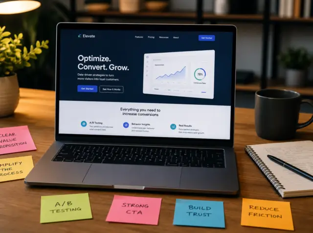 Landing page conversion optimization workspace with sticky notes showing CRO strategies