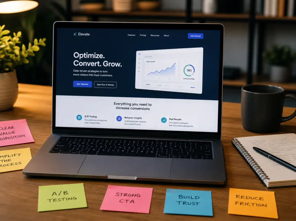 landing-page-conversion-optimization Landing page conversion optimization workspace with sticky notes showing CRO strategies