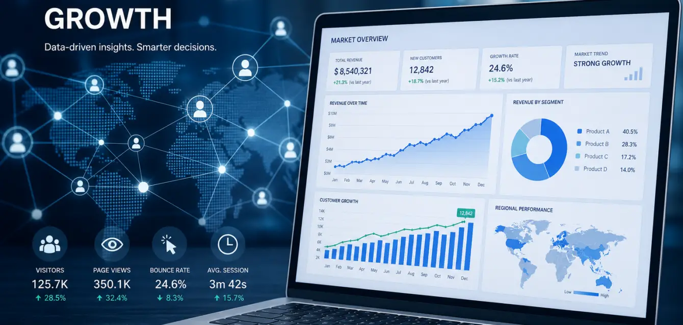 Visitor Identification Market Growth Dashboard Data visualization showing visitor identification software market growth from $5.2 billion to $19.2 billion