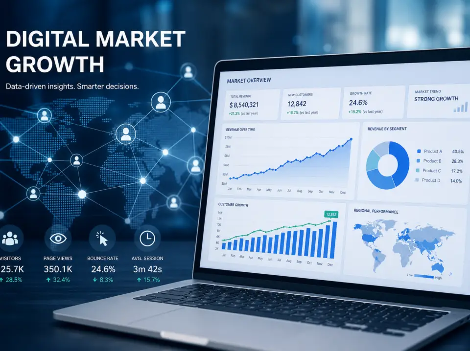 Visitor Identification Market Growth Dashboard Data visualization showing visitor identification software market growth from $5.2 billion to $19.2 billion
