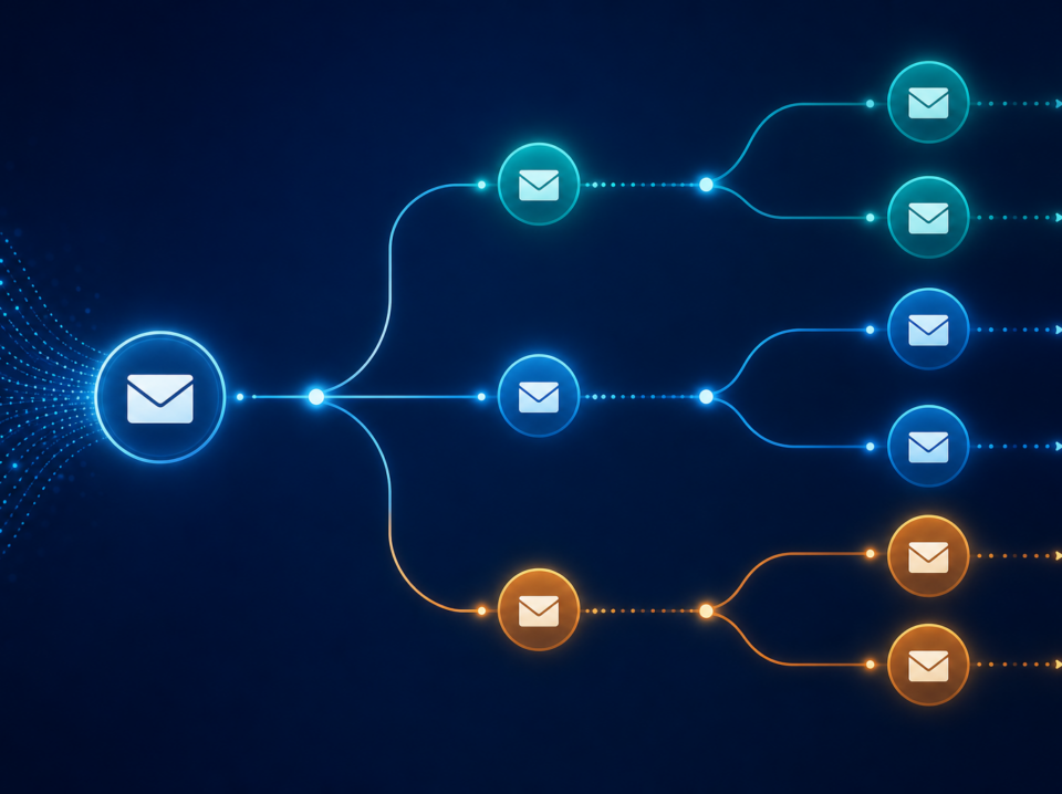 Email nurture sequence workflow diagram showing branching paths and behavioral triggers