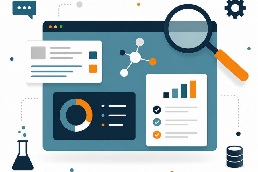 Marketing dashboard illustration with charts, analytics and a magnifying glass