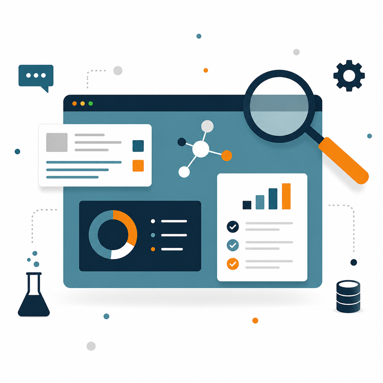 Marketing dashboard illustration with charts, analytics and a magnifying glass